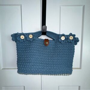 Handmade Crochet Blue Purse with Faux Leather Bottom and Floral Design - new